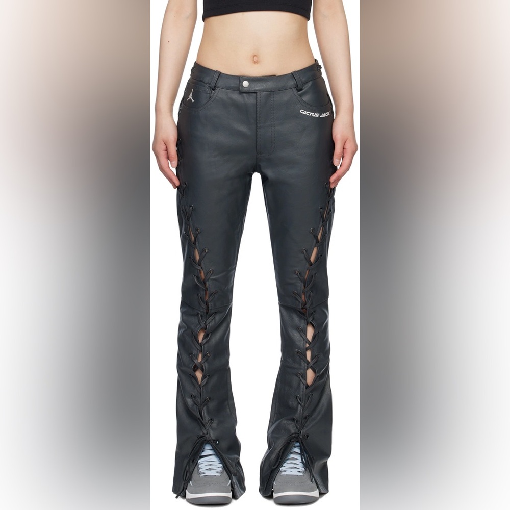 JORDAN X TRAVIS SCOTT CACTUS JACK LACE UP LEATHER PANTS DARK SMOKE GREY NWT 14 - Picture 2 of 8